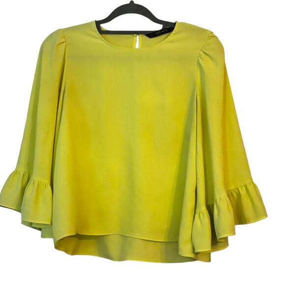 Zara Chartreuse Popover Blouse Ruffle Butterfly Sleeve Bright Cheery XS - Picture 9 of 9